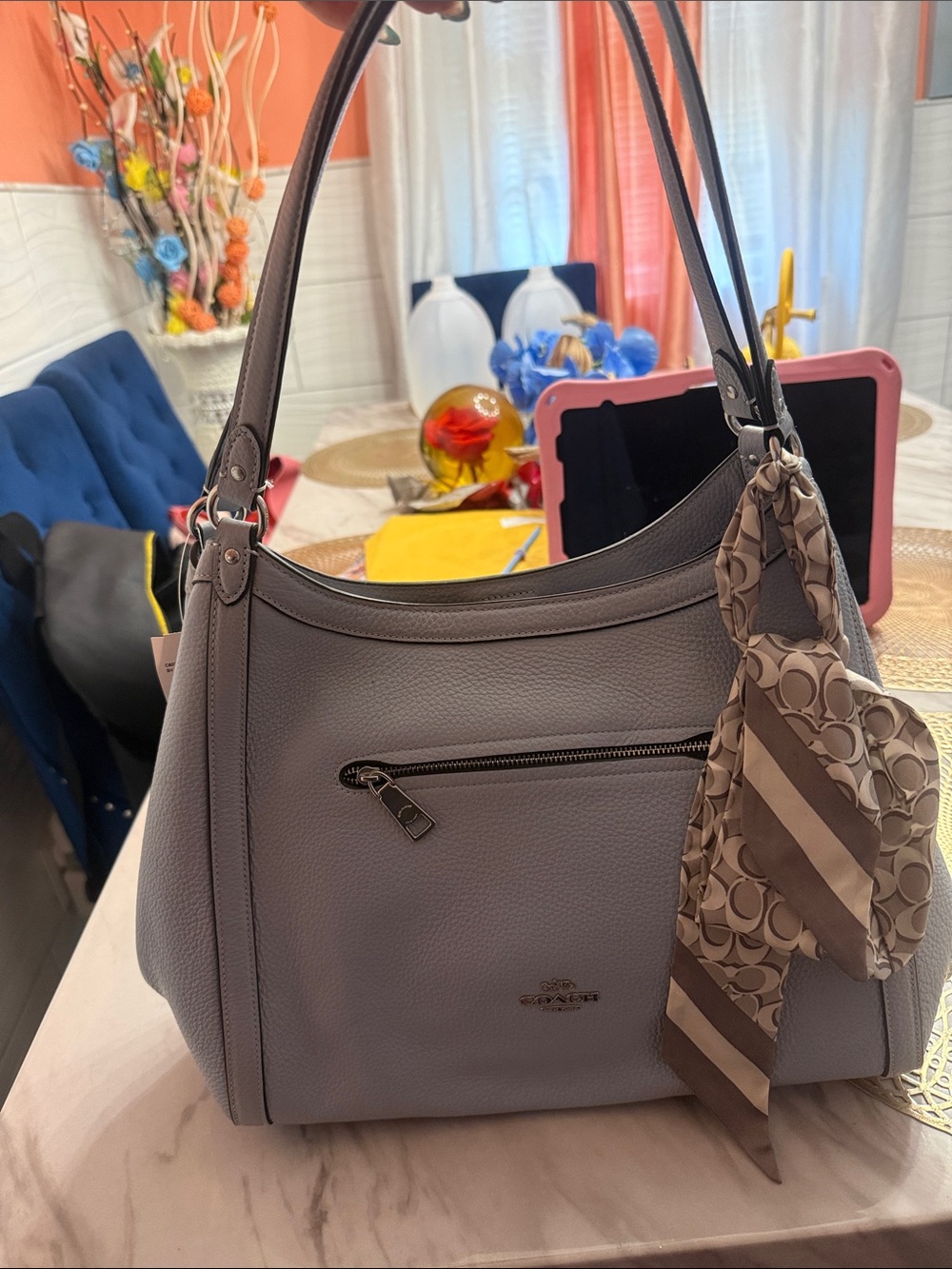 Coach Pebbled Leather Shoulder Bag in Light Gray with Signature Scarf Accent